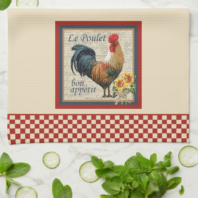 Blue French Country Kitchen Rooster Tea Towel (Folded)