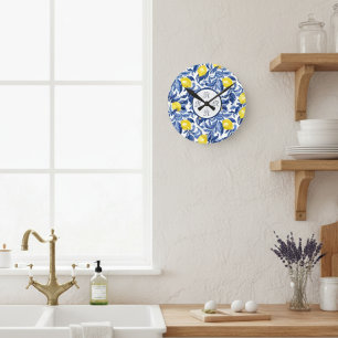 Blue French Country Lemon Patten Monogram  Round Clock