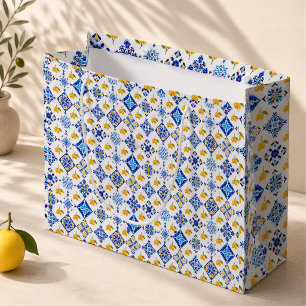 Blue French Country Lemon Pattern Large Gift Bag