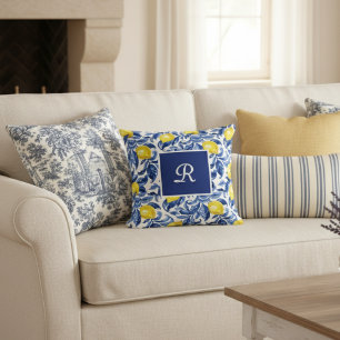 Blue French Country Lemon Pattern Monogram Cushion