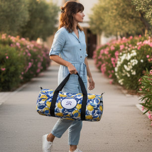 Blue French Country Lemon Pattern Monogram Duffle Bag