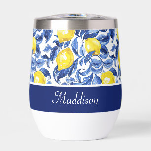 Blue French Country Lemon Pattern Monogram Name