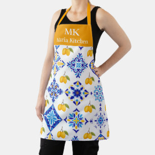 Blue French Country Lemon Pattern Monogram Name Apron