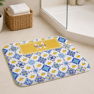 Blue French Country Lemon Pattern Monogram Name Bath Mat