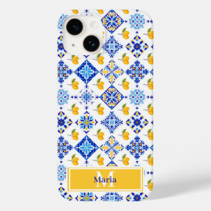 Blue French Country Lemon Pattern Monogram Name Case-Mate iPhone 14 Case