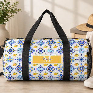 Blue French Country Lemon Pattern Monogram Name Duffle Bag