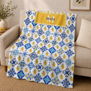 Blue French Country Lemon Pattern Monogram Name Fleece Blanket