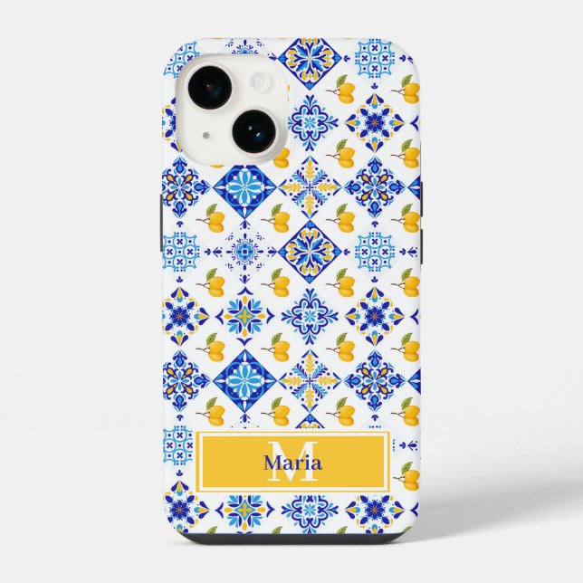 Blue French Country Lemon Pattern Monogram Name iPhone Case (Back)