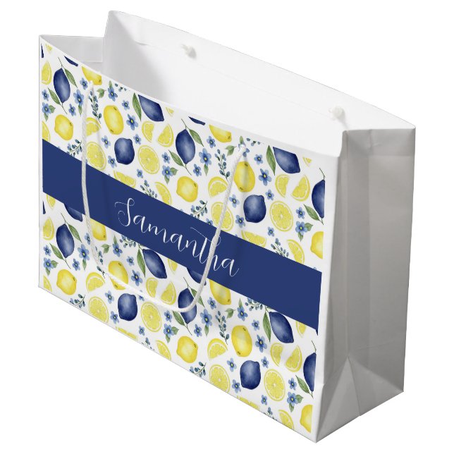 Blue French Country Lemon Pattern Monogram Name  Large Gift Bag (Front Angled)