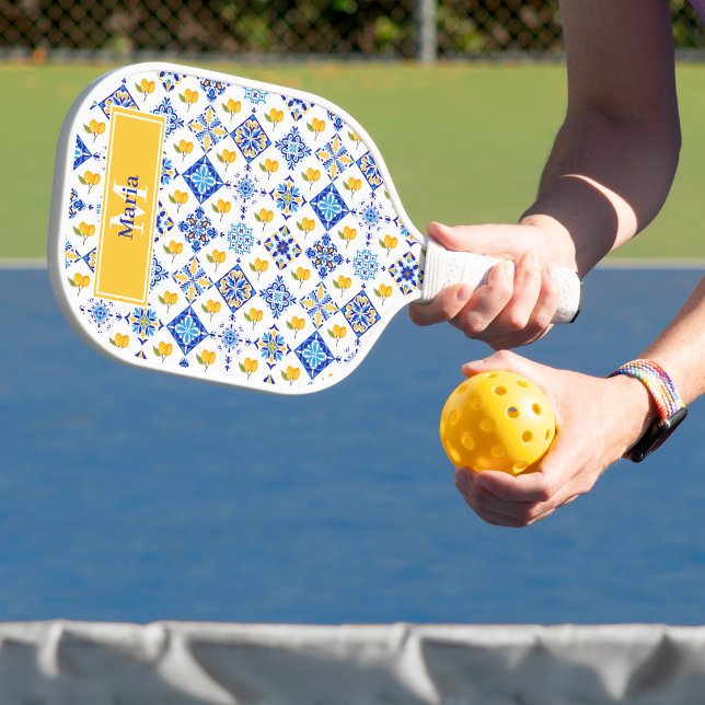 Blue French Country Lemon Pattern Monogram Name Pickleball Paddle (Creator Uploaded)