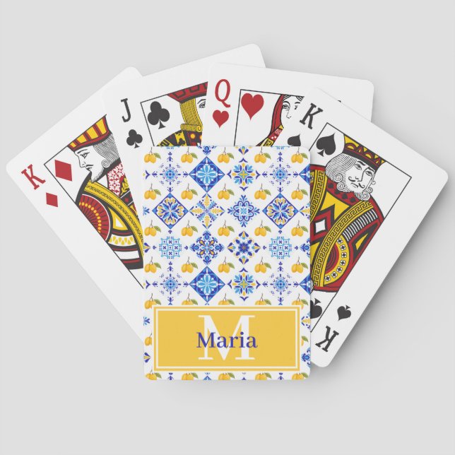 Blue French Country Lemon Pattern Monogram Name Playing Cards (Back)