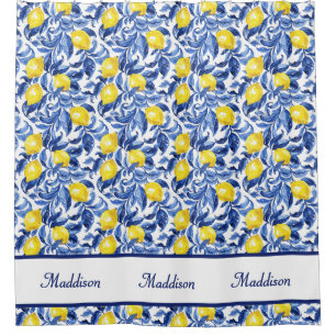 Blue French Country Lemon Pattern Monogram Name Shower Curtain