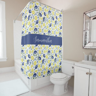 Blue French Country Lemon Pattern Monogram Name Shower Curtain