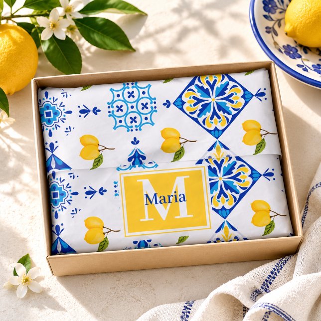 Blue French Country Lemon Pattern Monogram Name Tissue Paper (Creator Uploaded)