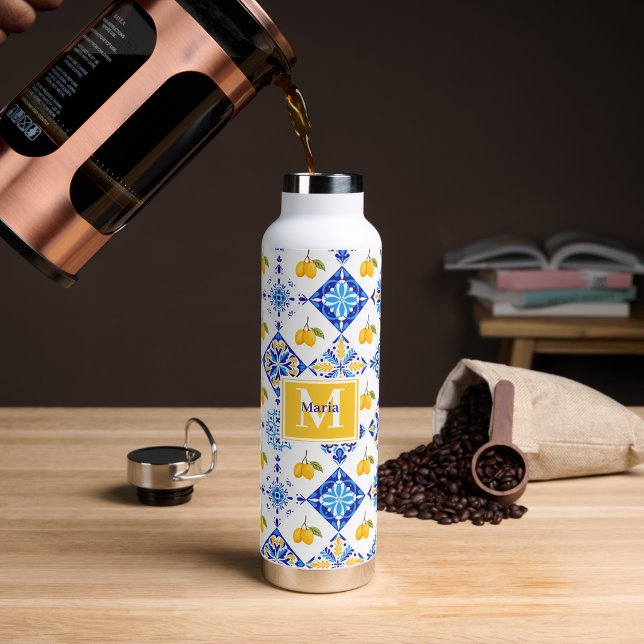 Blue French Country Lemon Pattern Monogram Name Water Bottle (Creator Uploaded)