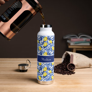 Blue French Country Lemon Pattern Monogram Name Water Bottle