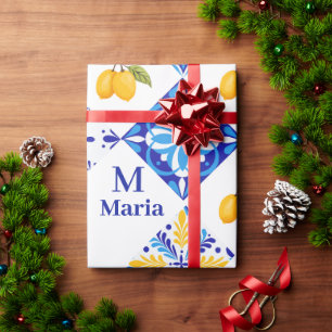Blue French Country Lemon Pattern Monogram Name Wrapping Paper
