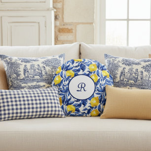 Blue French Country Lemon Pattern Monogram Round Cushion