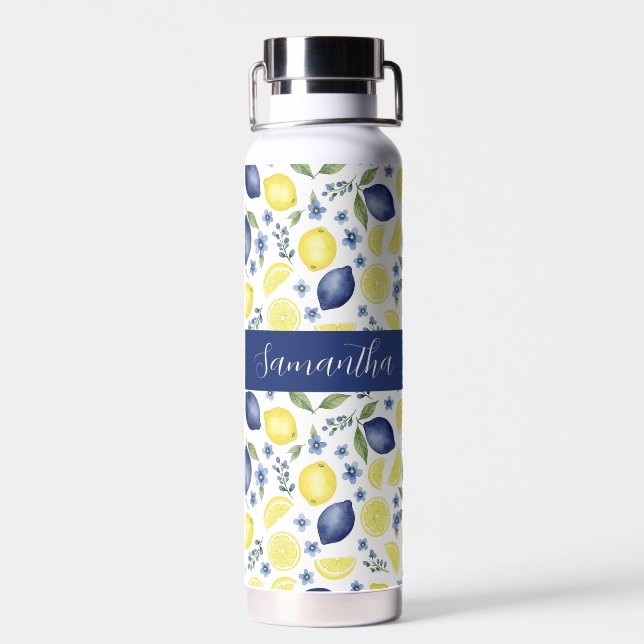Blue French Country Lemon Pattern Name Water Bottle (Back)