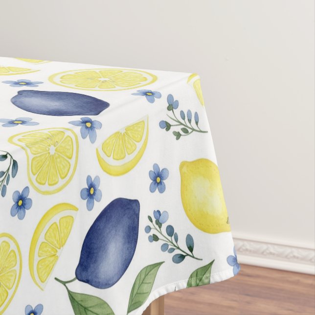 Blue French Country Lemon Pattern Tablecloth (In Situ)