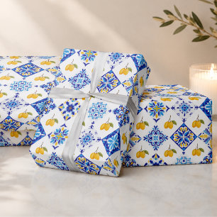Blue French Country Lemon Pattern  Wrapping Paper