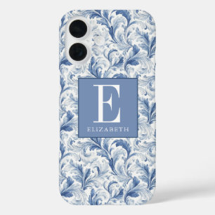 Blue French Country Toile Pattern Monogram iPhone 16 Case