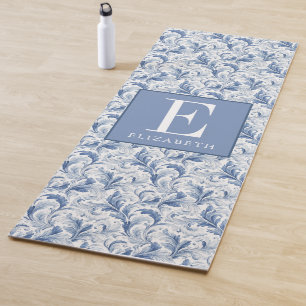 Blue French Country Toile Pattern Monogram Yoga Mat