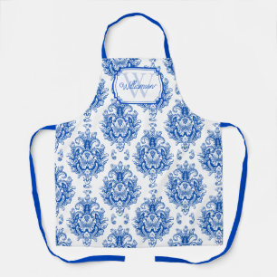 Blue French Damask Toile Pattern Monogram Name Apron