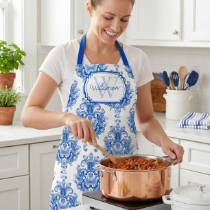 Blue French Damask Toile Pattern Monogram Name Apron
