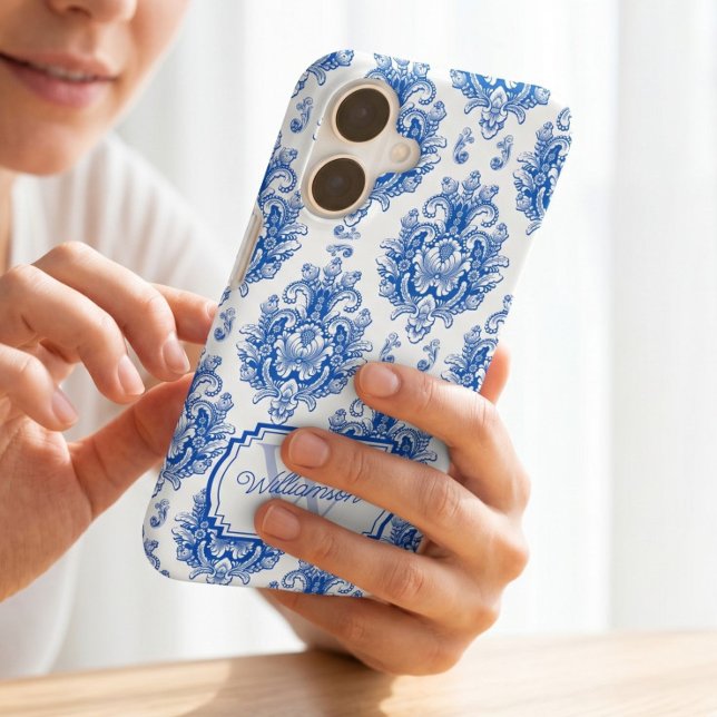 Blue French Damask Toile Pattern Name Monogram (Creator Uploaded)