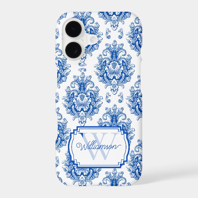 Blue French Damask Toile Pattern Name Monogram (Back)
