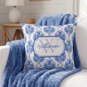 Blue French Damask Toile Pattern Name Monogram Cushion