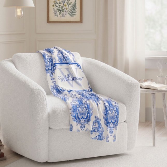 Blue French Damask Toile Pattern Name Monogram Fleece Blanket (Creator Uploaded)