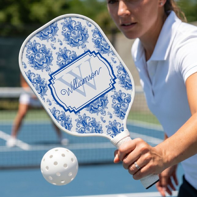 Blue French Damask Toile Pattern Name Monogram Pickleball Paddle (Creator Uploaded)