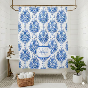 Blue French Damask Toile Pattern Name Monogram Shower Curtain