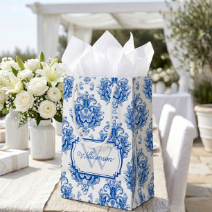 Blue French Damask Toile Pattern Name Monogram Small Gift Bag
