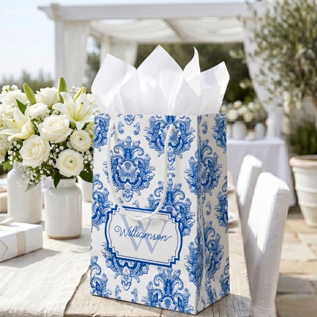 Blue French Damask Toile Pattern Name Monogram Small Gift Bag (Creator Uploaded)