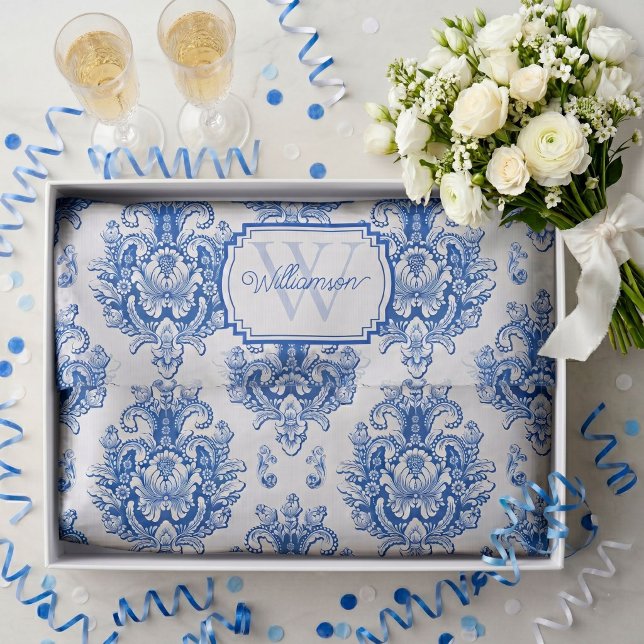 Blue French Damask Toile Pattern Name Monogram Tissue Paper (Creator Uploaded)