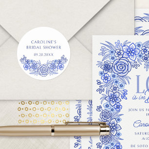 Blue French Floral Bridal Shower Classic Round Sticker