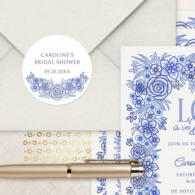 Blue French Floral Bridal Shower Classic Round Sticker (Creator Uploaded)