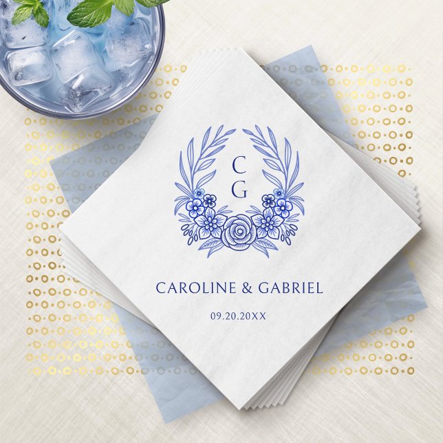 Blue French Floral Crest Wreath Monogram Wedding Napkin (Creator Uploaded)
