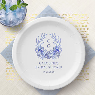 Blue French Floral Monogram Wreath Bridal Shower Paper Plate