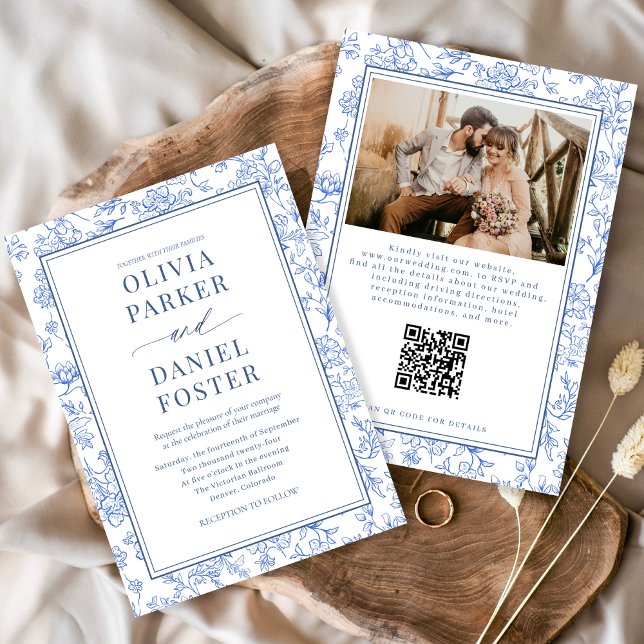 Blue French Floral Photo QR Code Toile Invitation (Creator Uploaded)