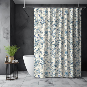 Blue French Floral Toile de Jouy Pattern Shower Curtain