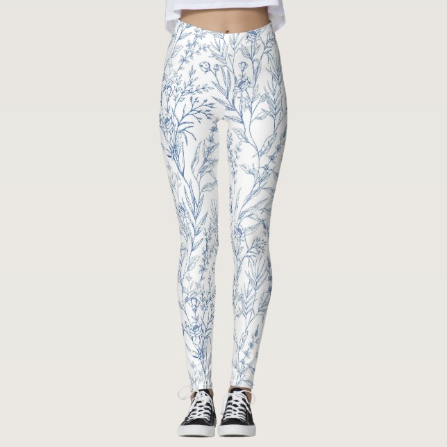 Blue French Floral Toile Pattern Leggings (Front)