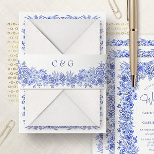 Blue French Floral Wedding Invitation Belly Band