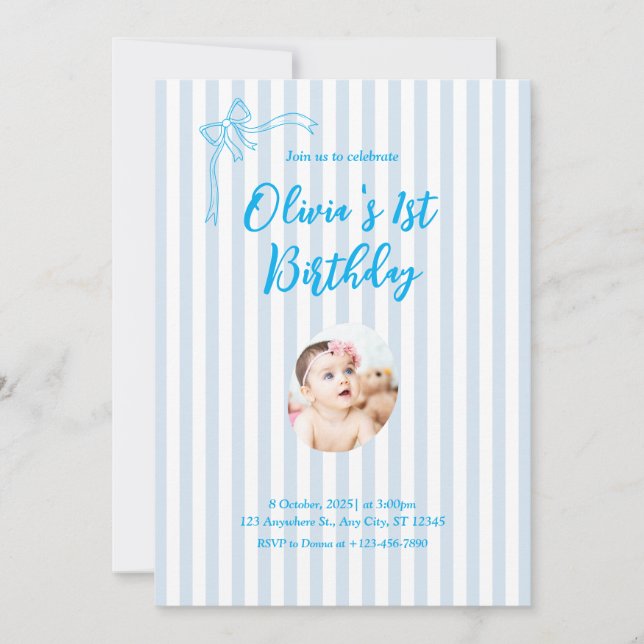 Blue French Personalised 1st Birthday Invitation (Front)