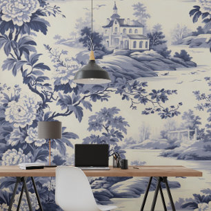 Blue French Style Toile De Jouy  Wallpaper