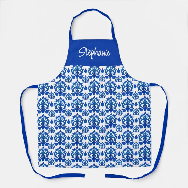 Blue French Tile Pattern Custom Name Apron (Front)