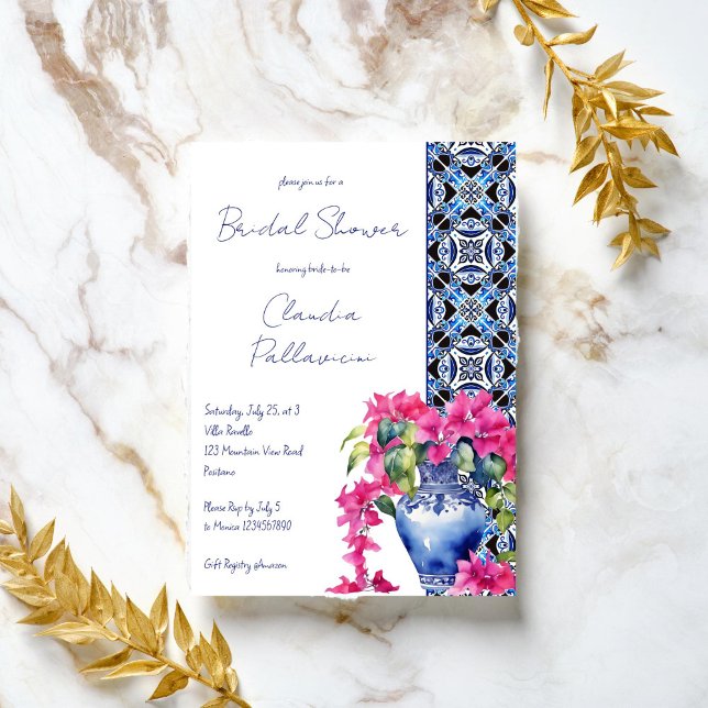 Blue French Tiles Bougainvillea bridal shower Invitation (Blue French Mediterranean Tiles Bougainvillea ceramic vase bridal shower Invitation template digital)
